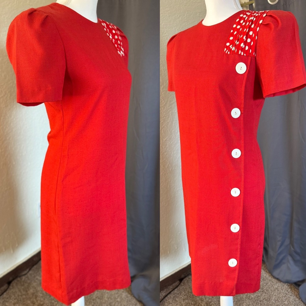 Patty O'Neil Vintage 60s Red Polka Dot Button Front Shift Dress Minnie Mouse - Picture 3 of 9